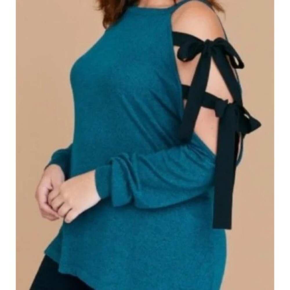 Lane Bryant Cold Shoulder Turquoise Plus Size 18 Sweater Black Ribbon Accent